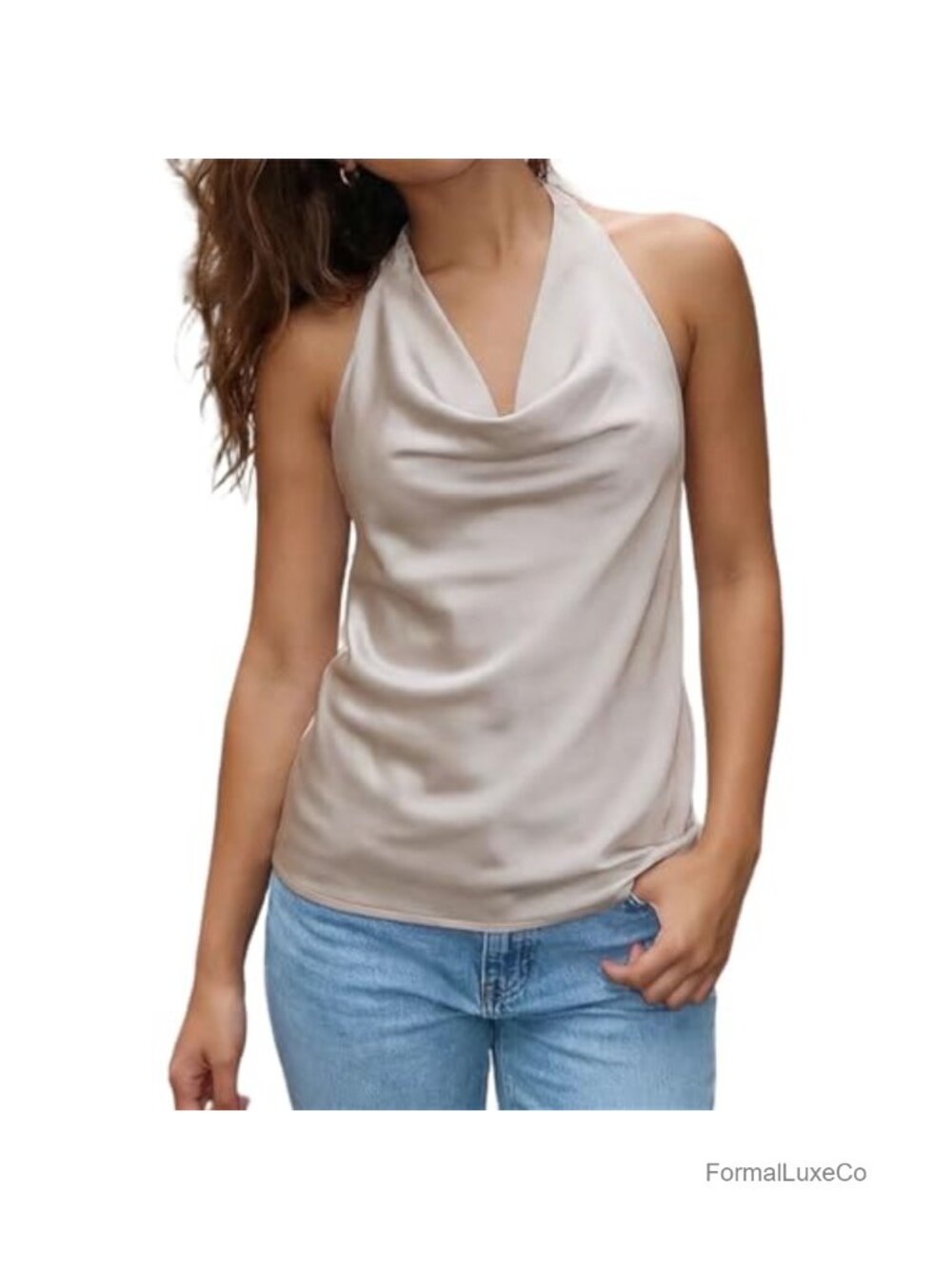 Halter Cowl Neck Satin Tank Top Backless Draped Tie Back Camisole Women